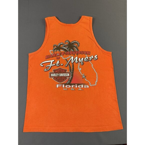 Rare Vintage Y2K Harley Davidson Ft. Myers Florida Art Orange Tank Top USA Made - Picture 1 of 10